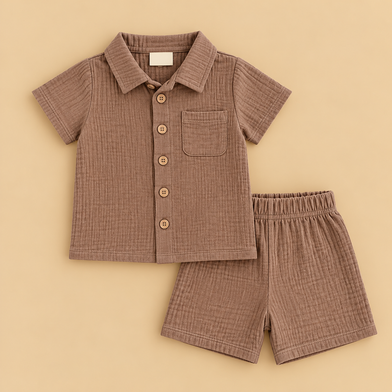 Product Title: Baby Boys’ Classic Mocha Brown Cotton Shirt & Shorts Set – 2 Pieces