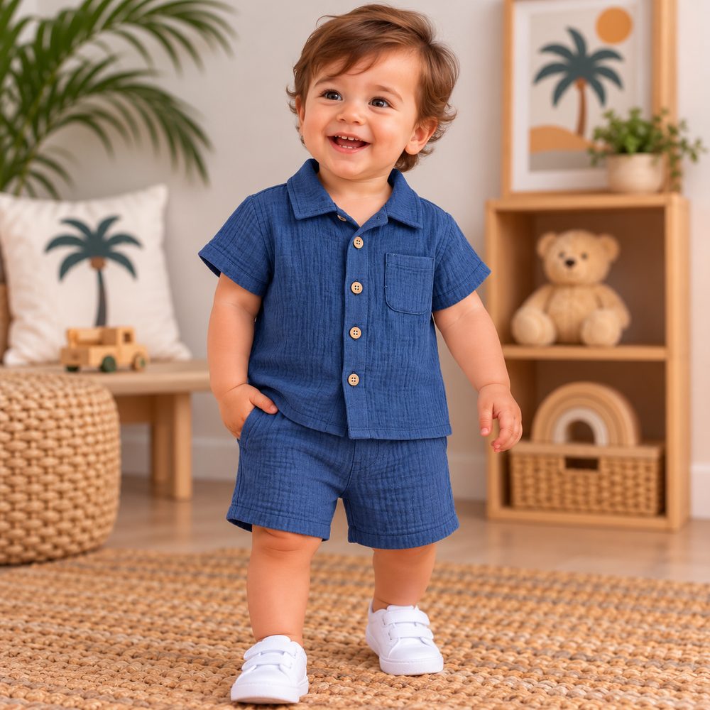 Baby Boys’ Classic Navy Blue Cotton Shirt & Shorts Set – 2 Piece