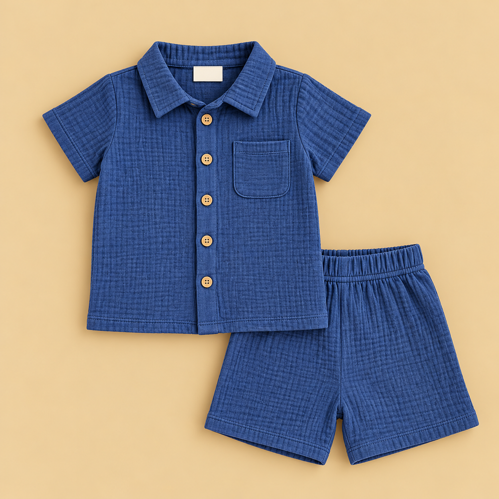 Baby Boys’ Classic Navy Blue Cotton Shirt & Shorts Set – 2 Piece