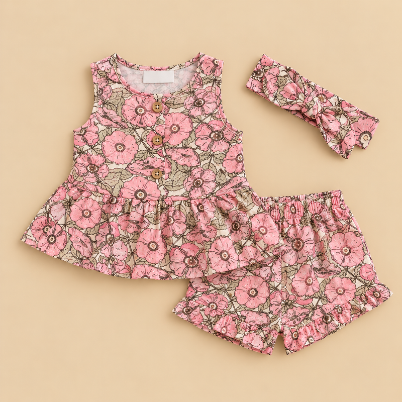 Baby Girl Pink Floral 3-Piece Dress, Shorts & Headband Set | 100% Cotton