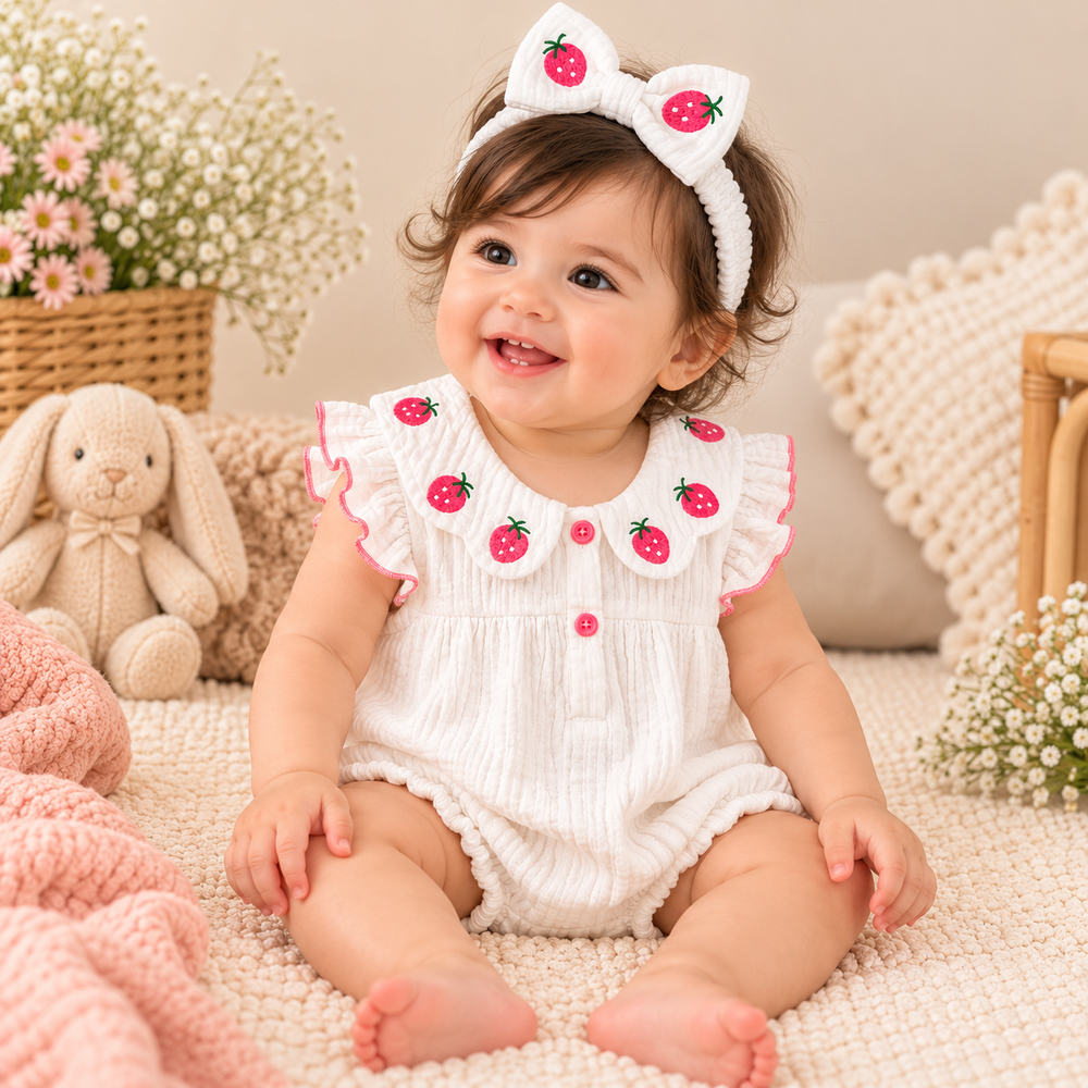 Strawberry Sweetheart Baby Girl Romper with Matching Bow Headband – White & Pink (2-Piece Set)