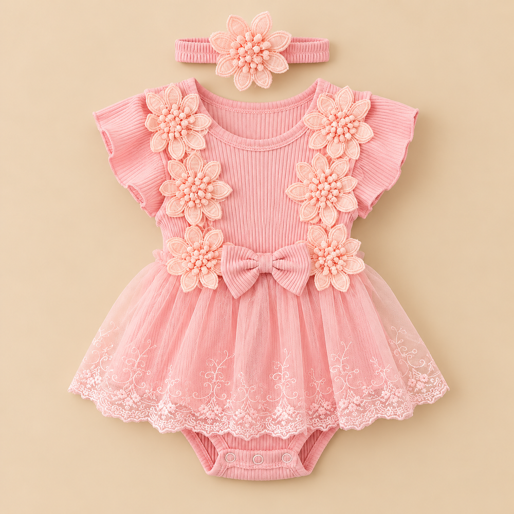 Blossom Princess Baby Girl Floral Tutu Romper with Matching Headband – Blush Pink (2-Piece Set)