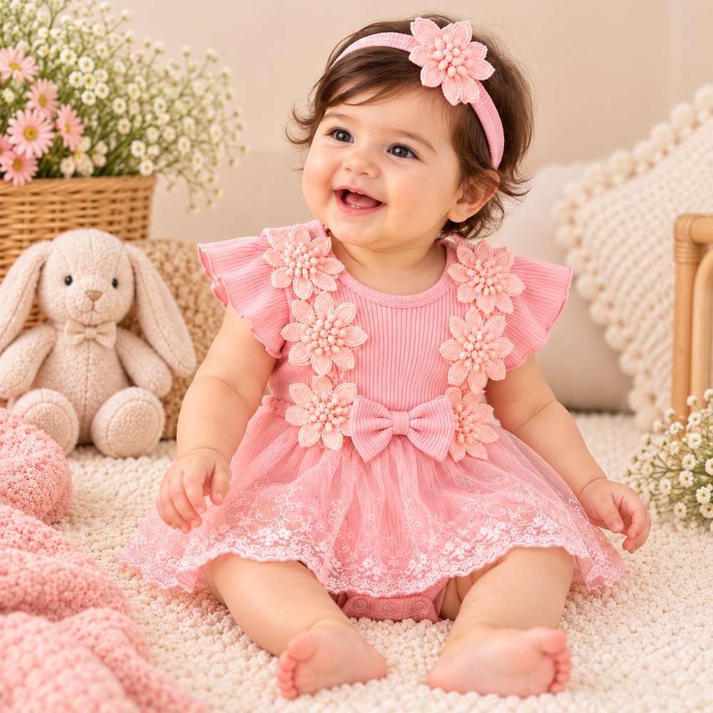 Blossom Princess Baby Girl Floral Tutu Romper with Matching Headband – Blush Pink (2-Piece Set)