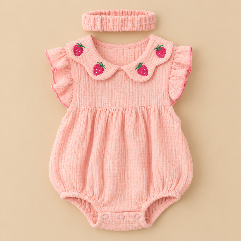 Baby Girls' Strawberry Embroidered Romper with Matching Headband – Peach Pink | 2-Piece Set