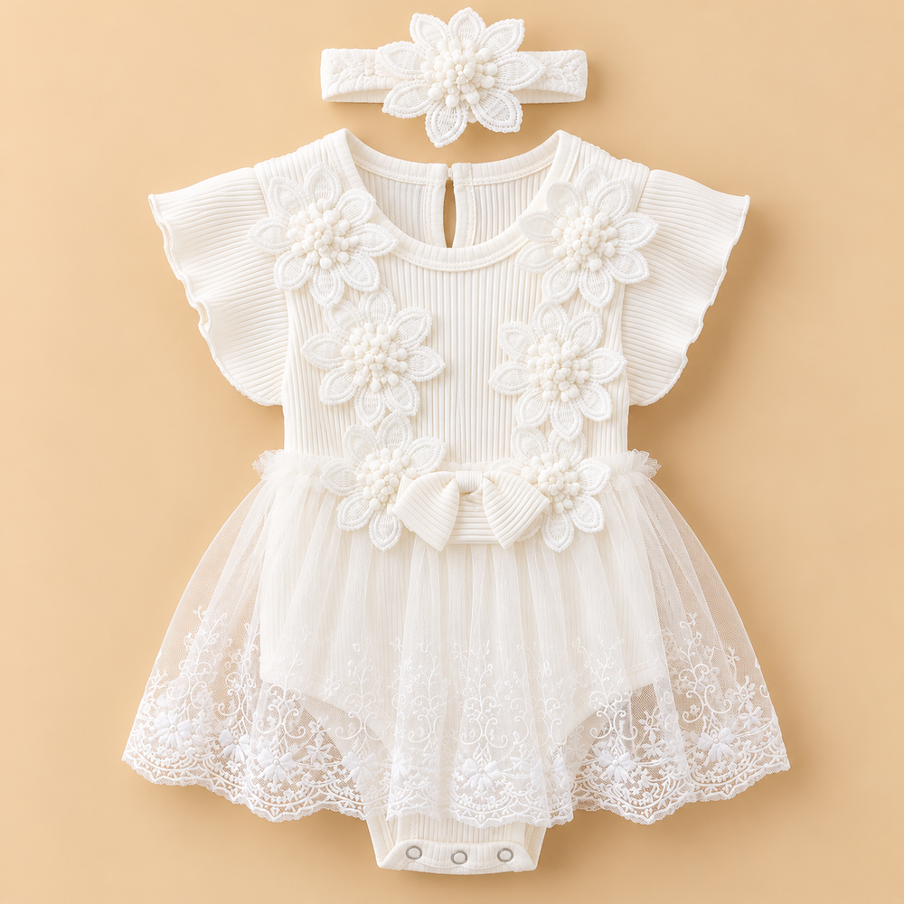 Ivory Floral Lace Baby Girl Romper Dress with Headband