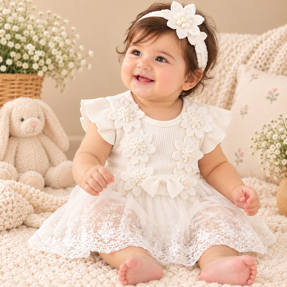 Ivory Floral Lace Baby Girl Romper Dress with Headband