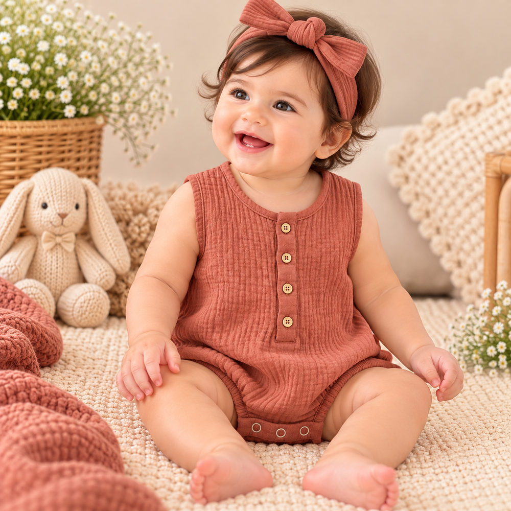 Premium Cotton Muslin Sleeveless Baby Romper – Soft & Breathable | 6 Colours