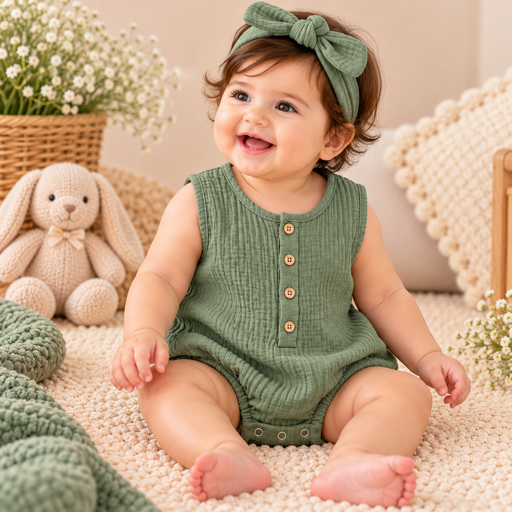 Premium Cotton Muslin Sleeveless Baby Romper – Soft & Breathable | 6 Colours