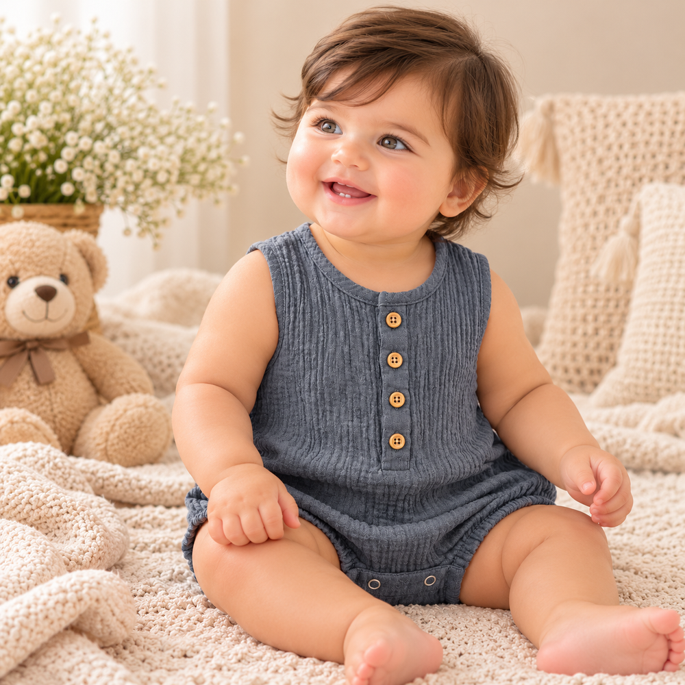 Premium Cotton Muslin Sleeveless Baby Romper – Soft & Breathable | 6 Colours