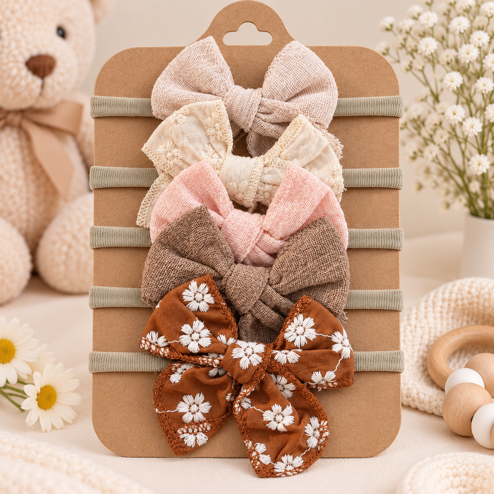 Baby Linen Bow Headband Set – 5 Pieces