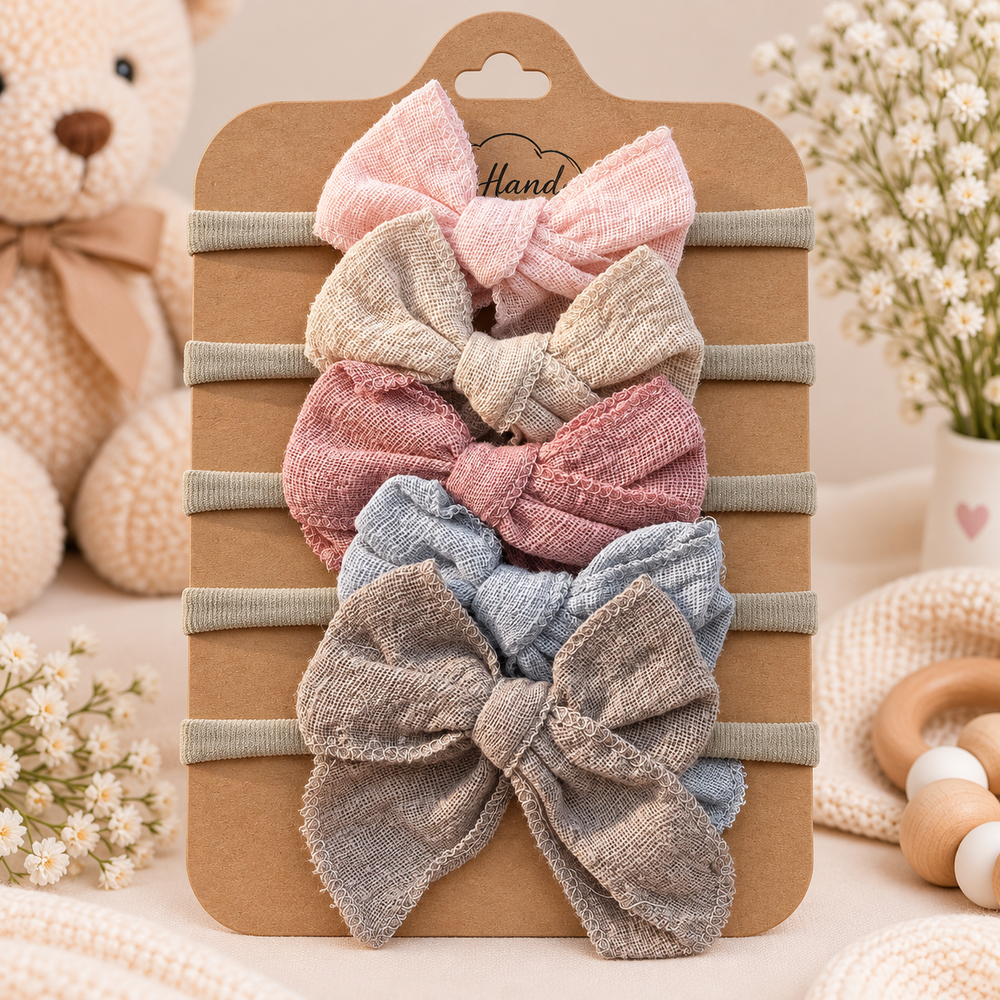 Baby Linen Bow Headband Set – 5 Pieces