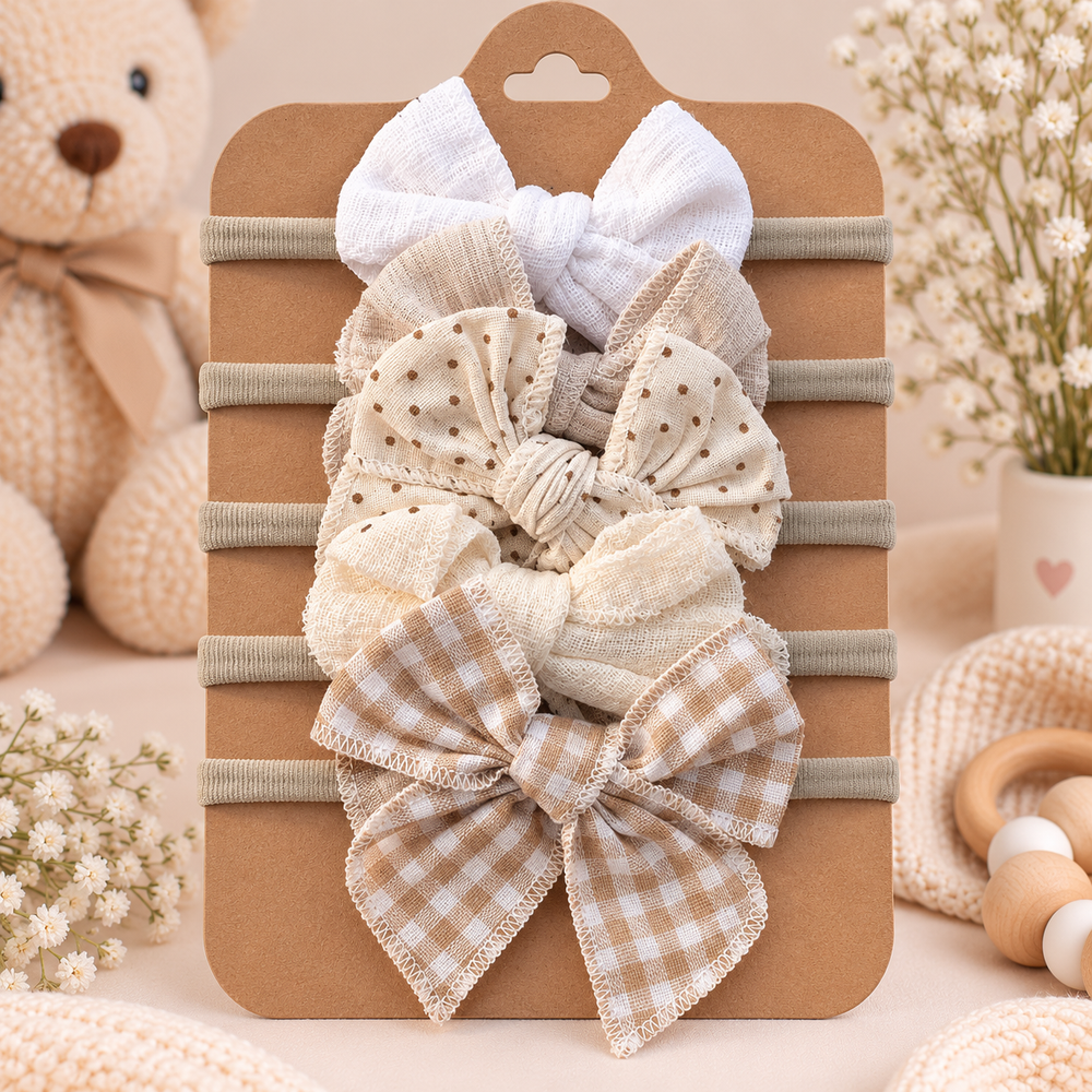 Baby Linen Bow Headband Set – 5 Pieces