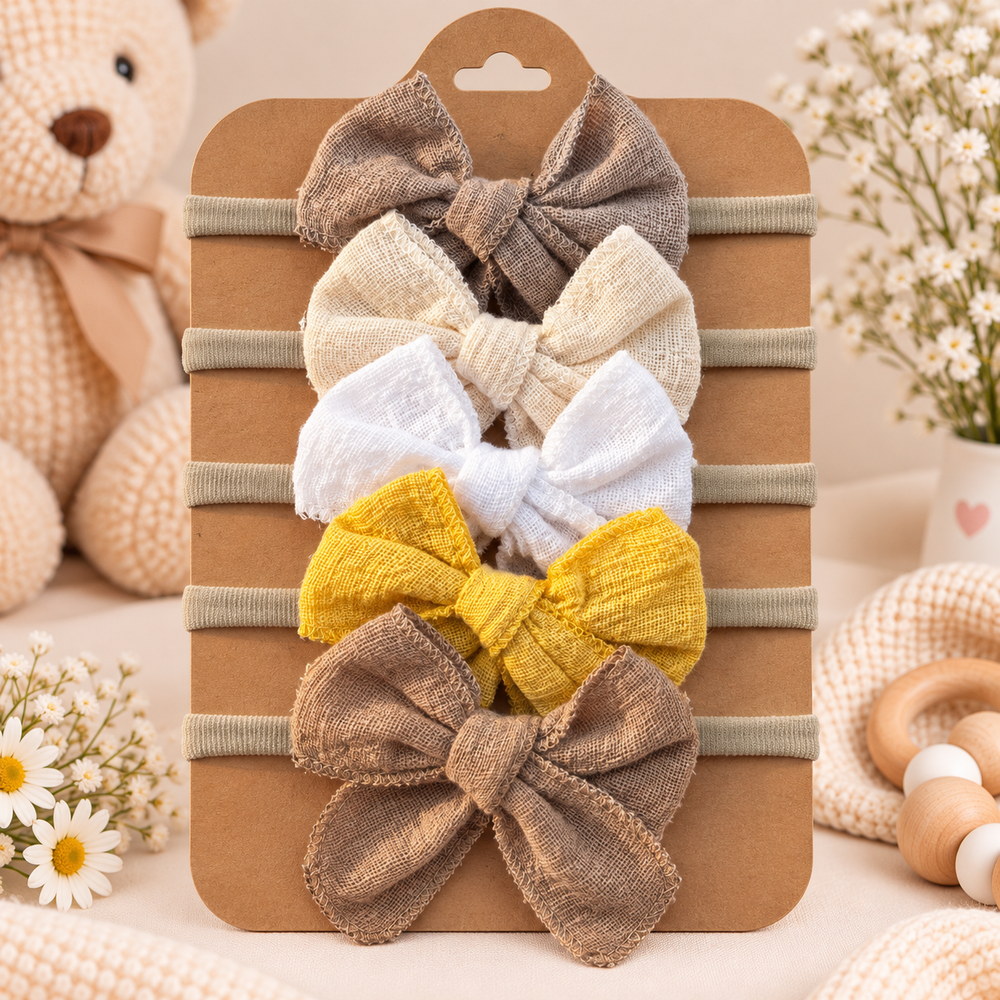 Baby Linen Bow Headband Set – 5 Pieces