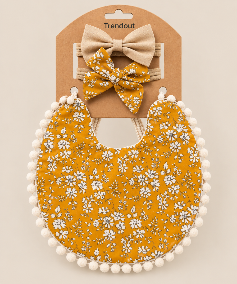 Floral Baby Bib & Bow Headband Set – Multiple Designs