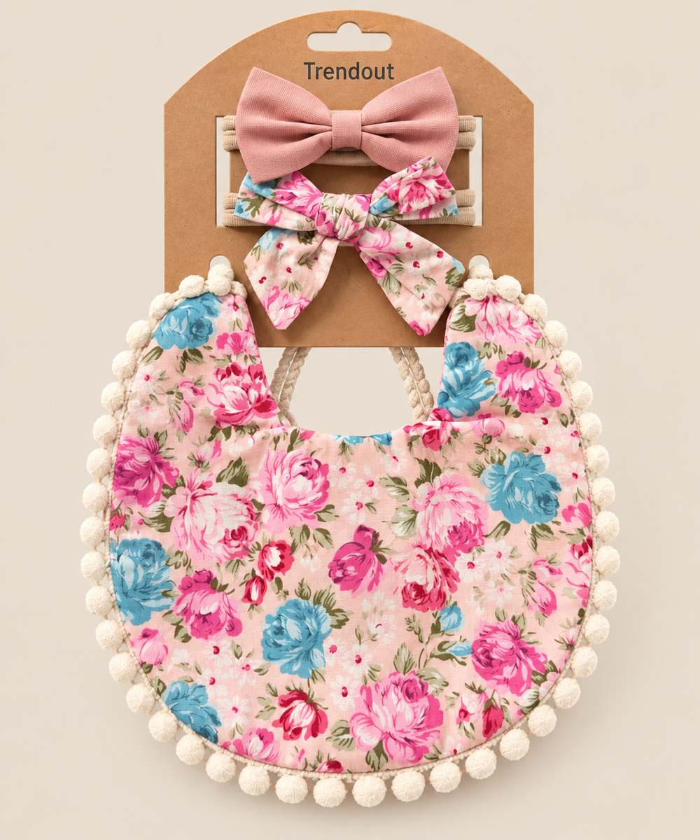 Floral Baby Bib & Bow Headband Set – Multiple Designs