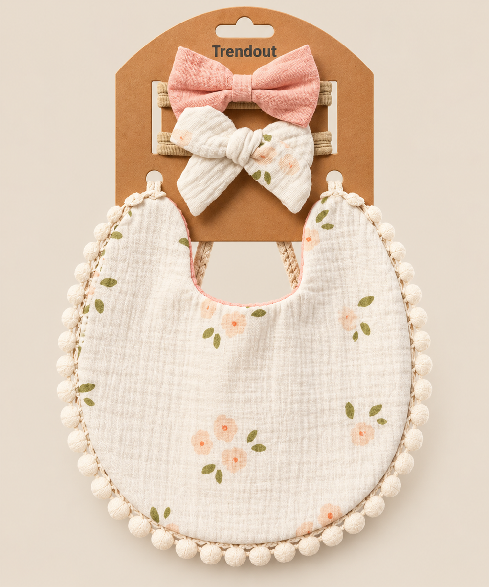 Floral Baby Bib & Bow Headband Set – Multiple Designs