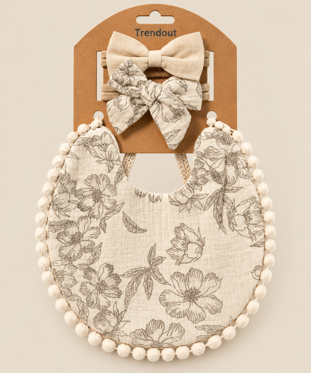Floral Baby Bib & Bow Headband Set – Multiple Designs