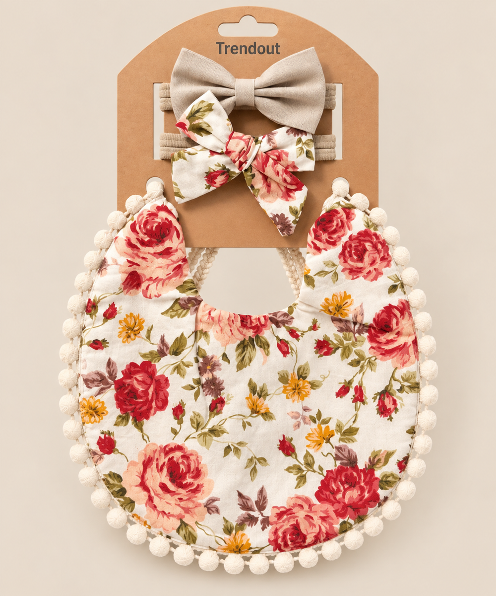 Floral Baby Bib & Bow Headband Set – Multiple Designs
