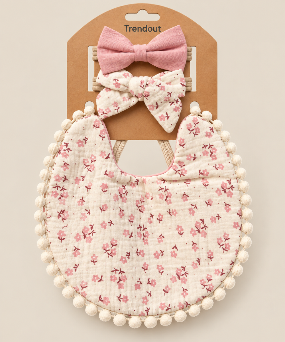 Floral Baby Bib & Bow Headband Set – Multiple Designs