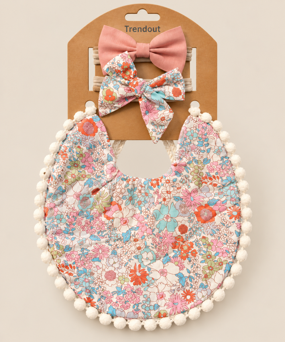 Floral Baby Bib & Bow Headband Set – Multiple Designs