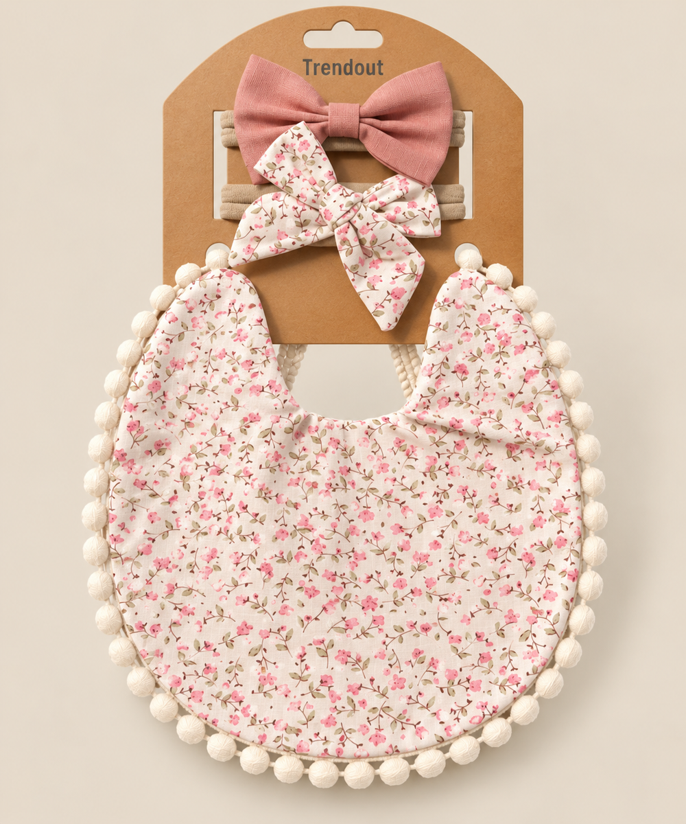 Floral Baby Bib & Bow Headband Set – Multiple Designs