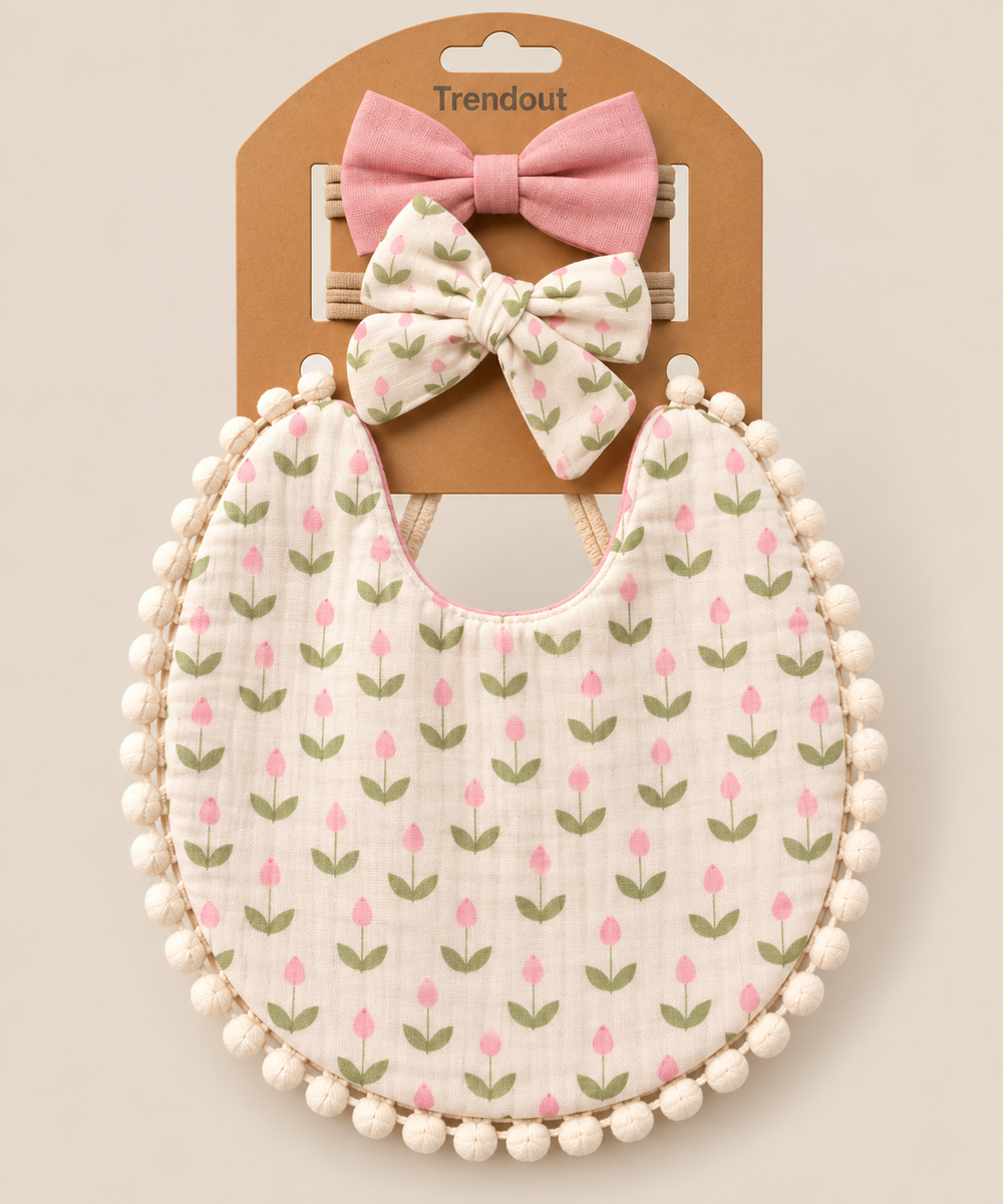 Floral Baby Bib & Bow Headband Set – Multiple Designs