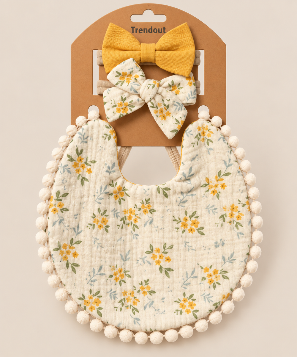 Floral Baby Bib & Bow Headband Set – Multiple Designs