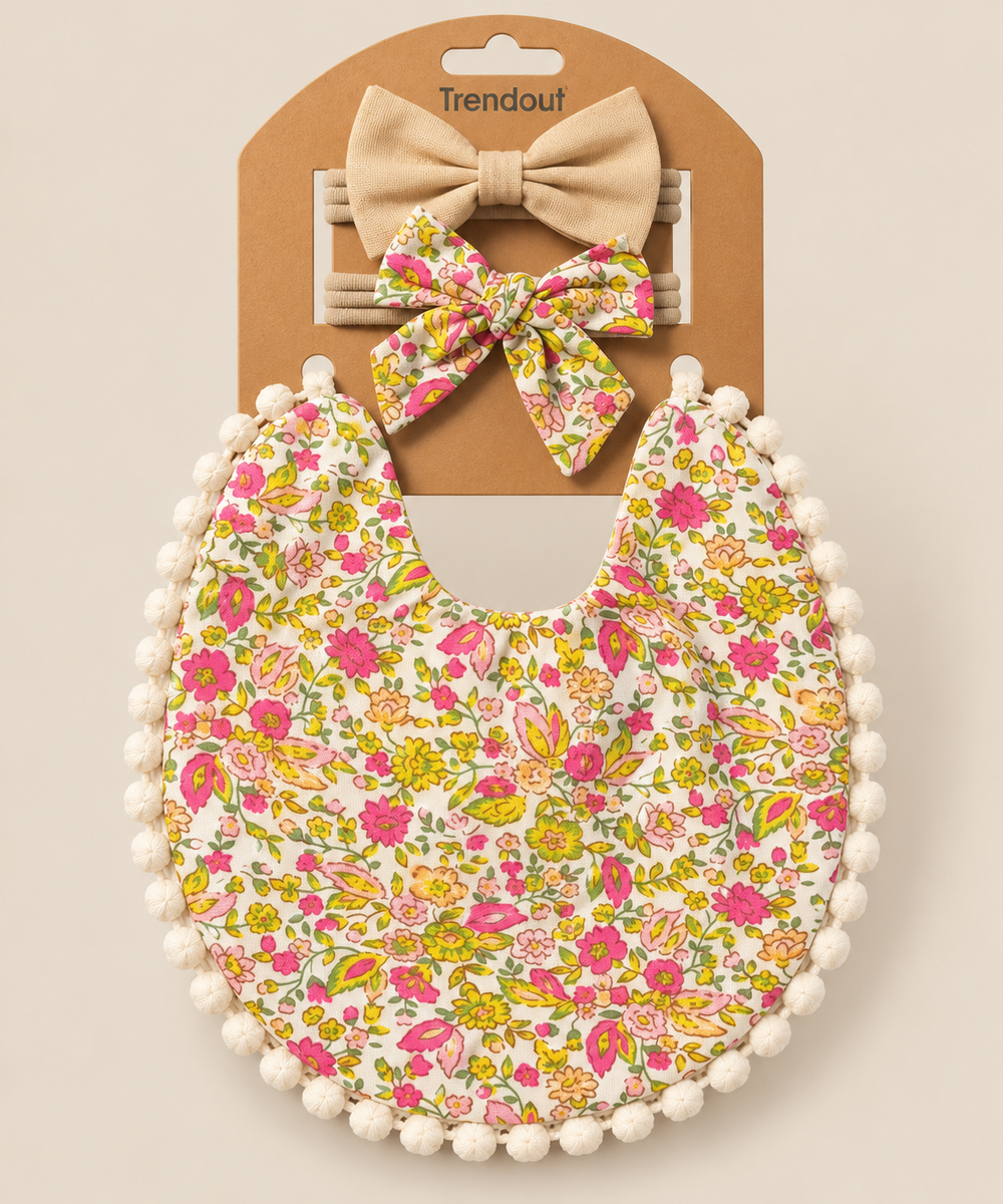 Floral Baby Bib & Bow Headband Set – Multiple Designs