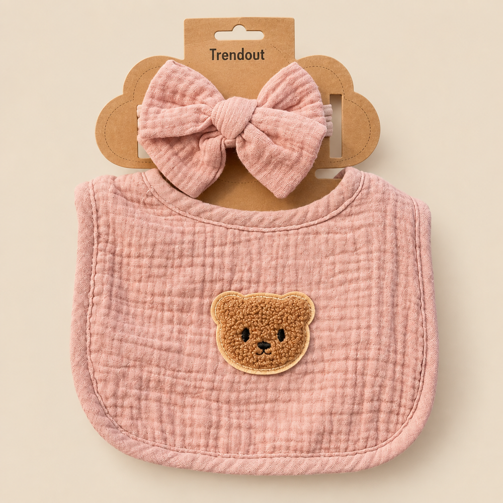 Teddy Bear Muslin Bib & Bow Headband Set