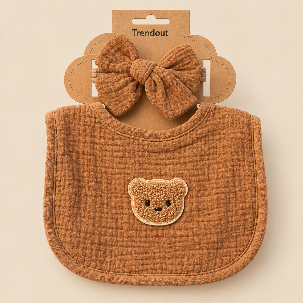 Teddy Bear Muslin Bib & Bow Headband Set