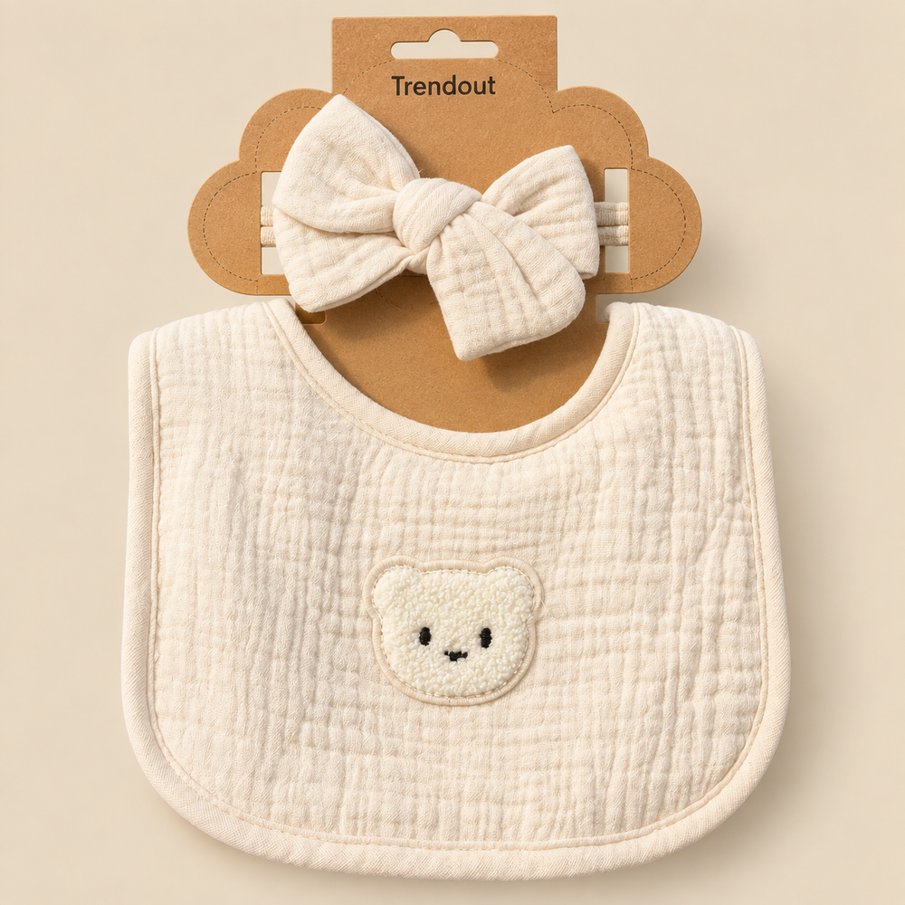 Teddy Bear Muslin Bib & Bow Headband Set