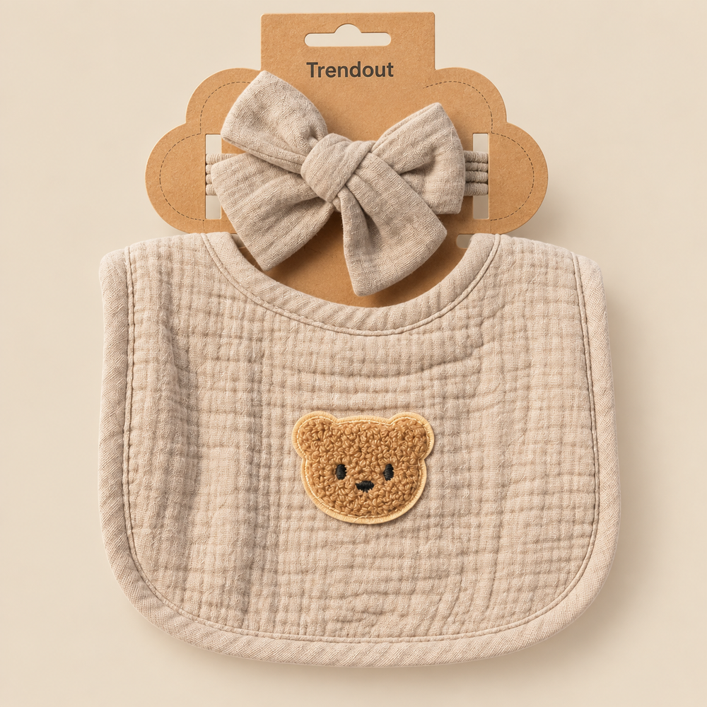 Teddy Bear Muslin Bib & Bow Headband Set