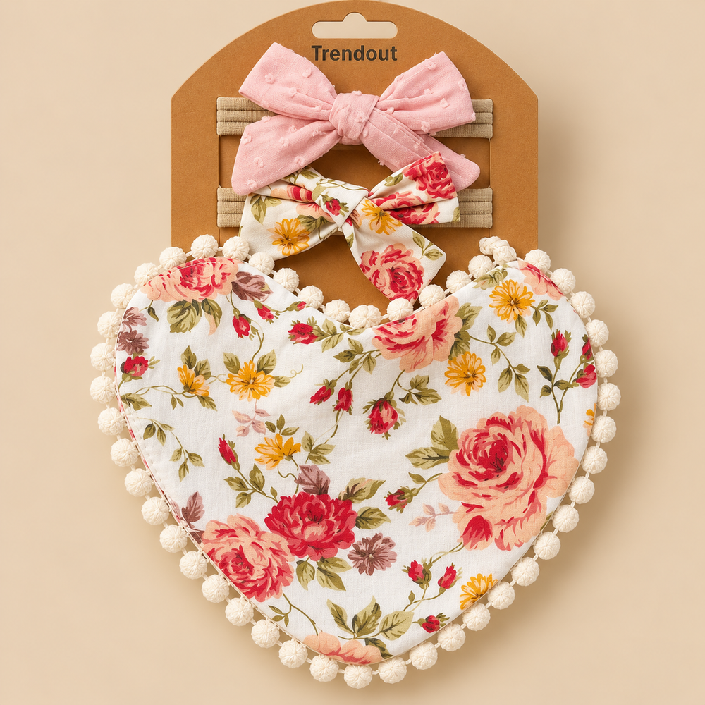 Floral Heart Bib & Double Bow Headband Set