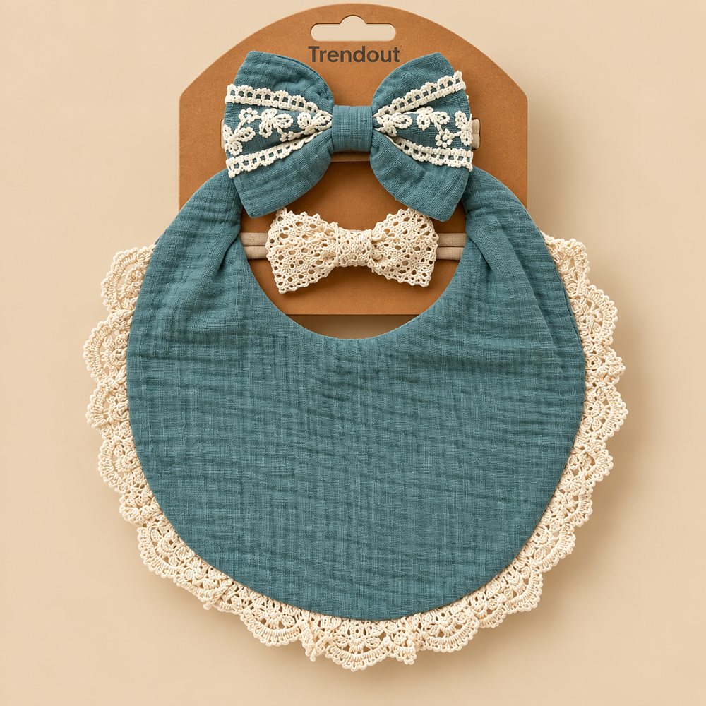 Vintage Lace Muslin Bib & Bow Headband Set – 3 Piece