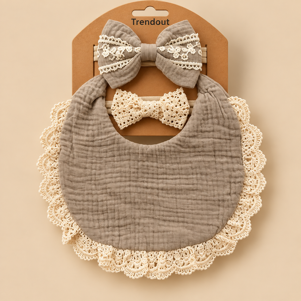 Vintage Lace Muslin Bib & Bow Headband Set – 3 Piece