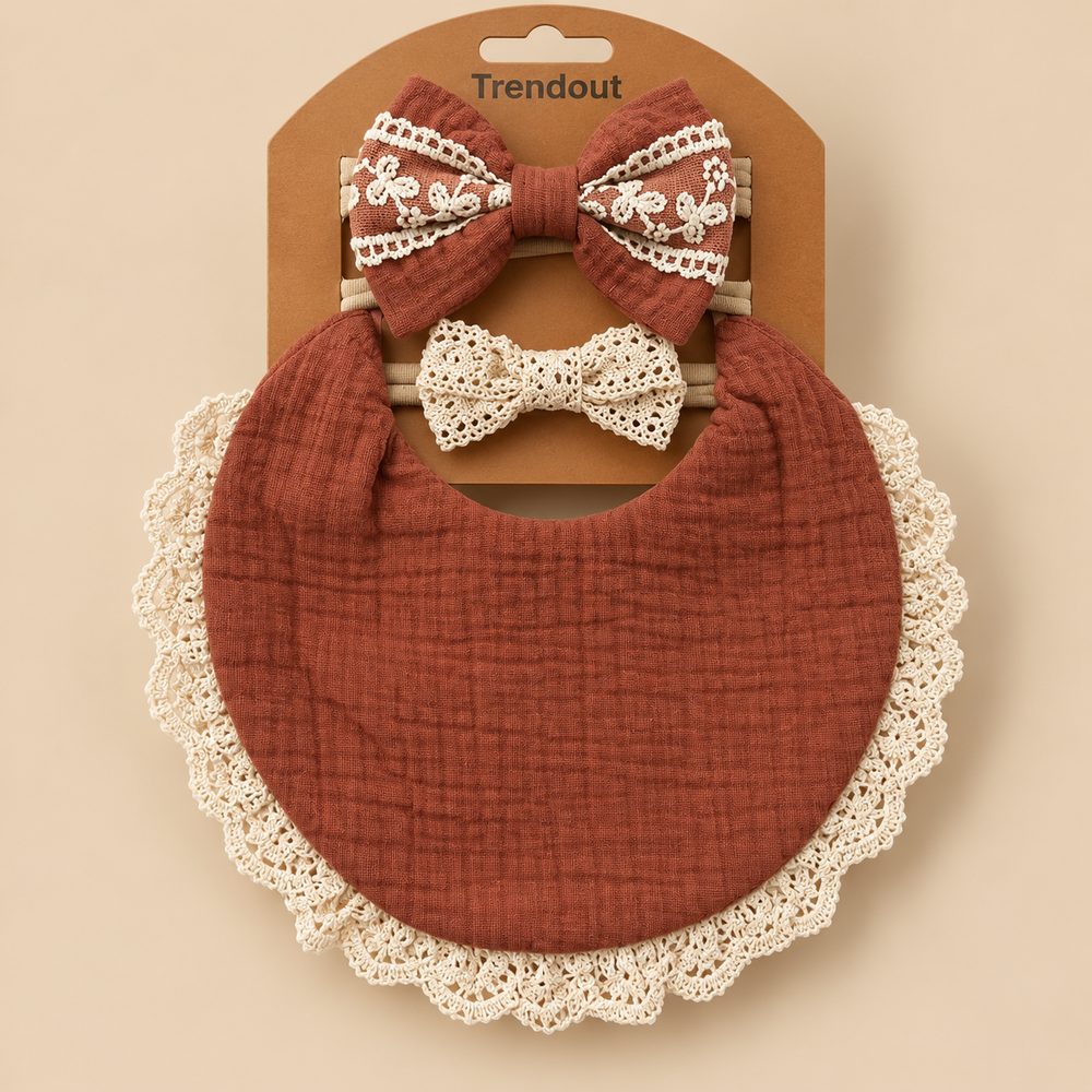 Vintage Lace Muslin Bib & Bow Headband Set – 3 Piece