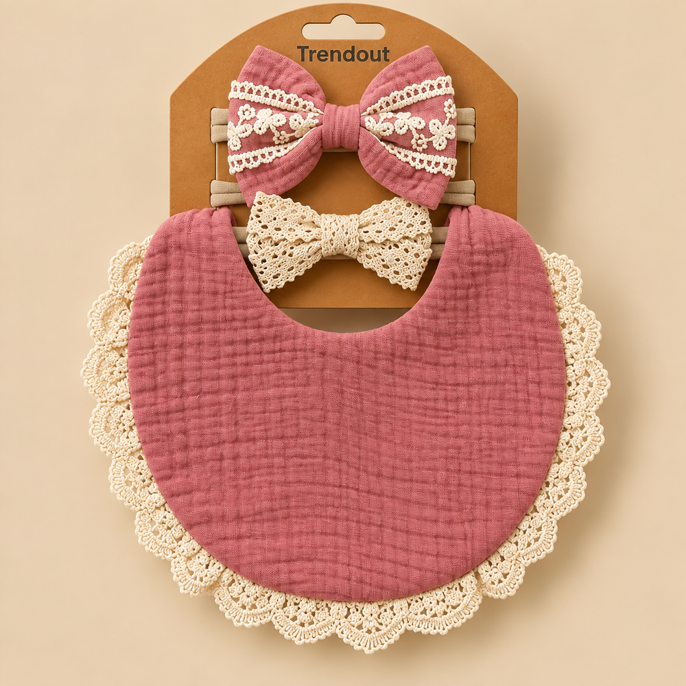 Vintage Lace Muslin Bib & Bow Headband Set – 3 Piece