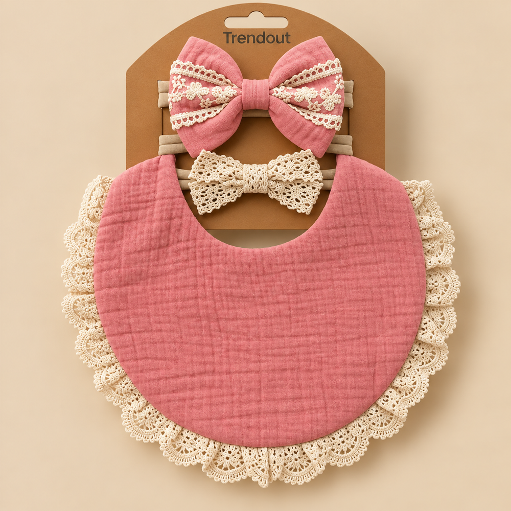 Vintage Lace Muslin Bib & Bow Headband Set – 3 Piece