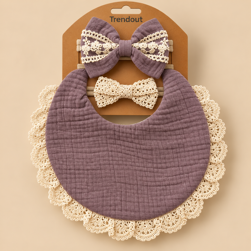 Vintage Lace Muslin Bib & Bow Headband Set – 3 Piece