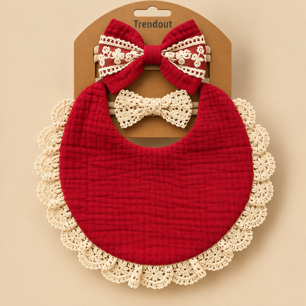 Vintage Lace Muslin Bib & Bow Headband Set – 3 Piece