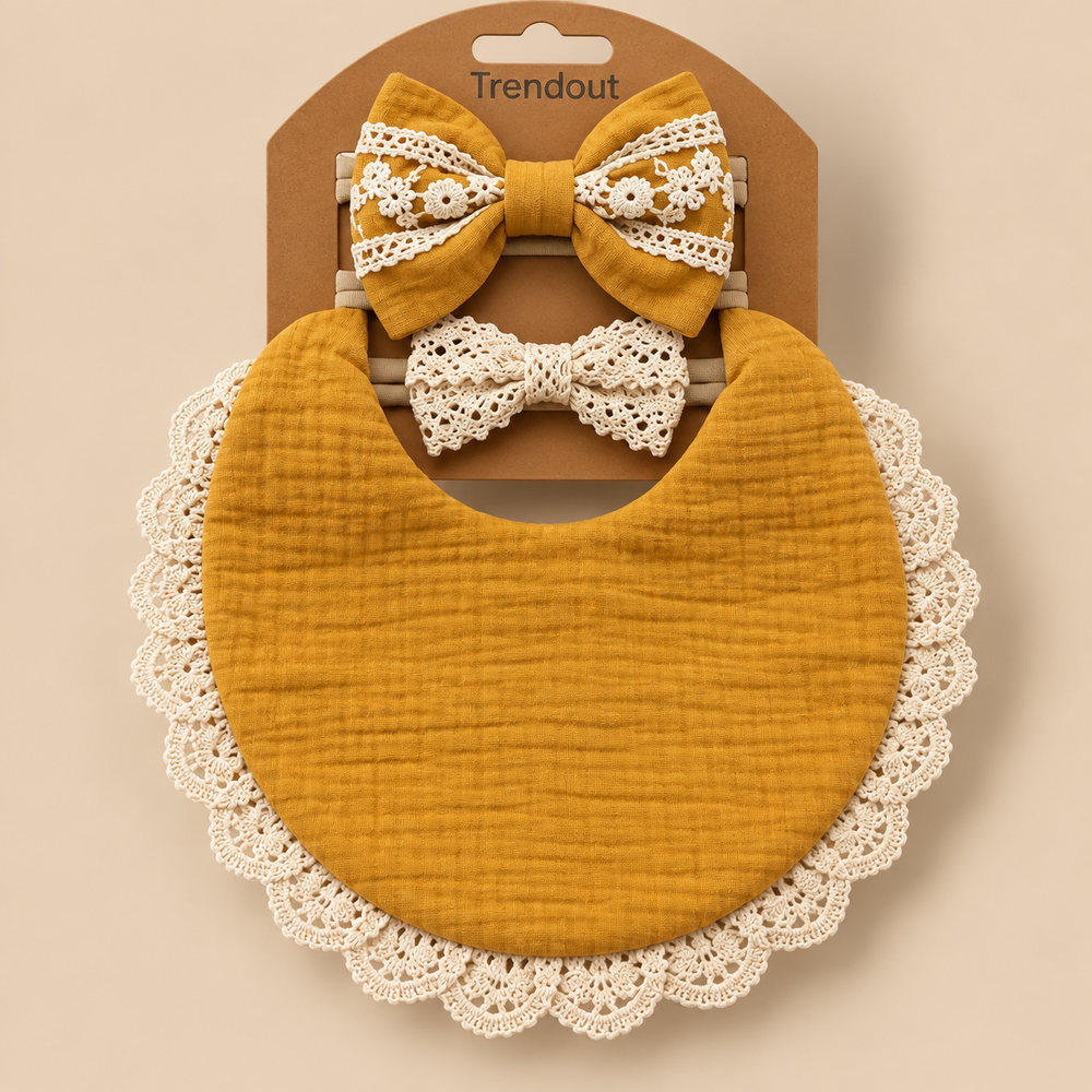 Vintage Lace Muslin Bib & Bow Headband Set – 3 Piece