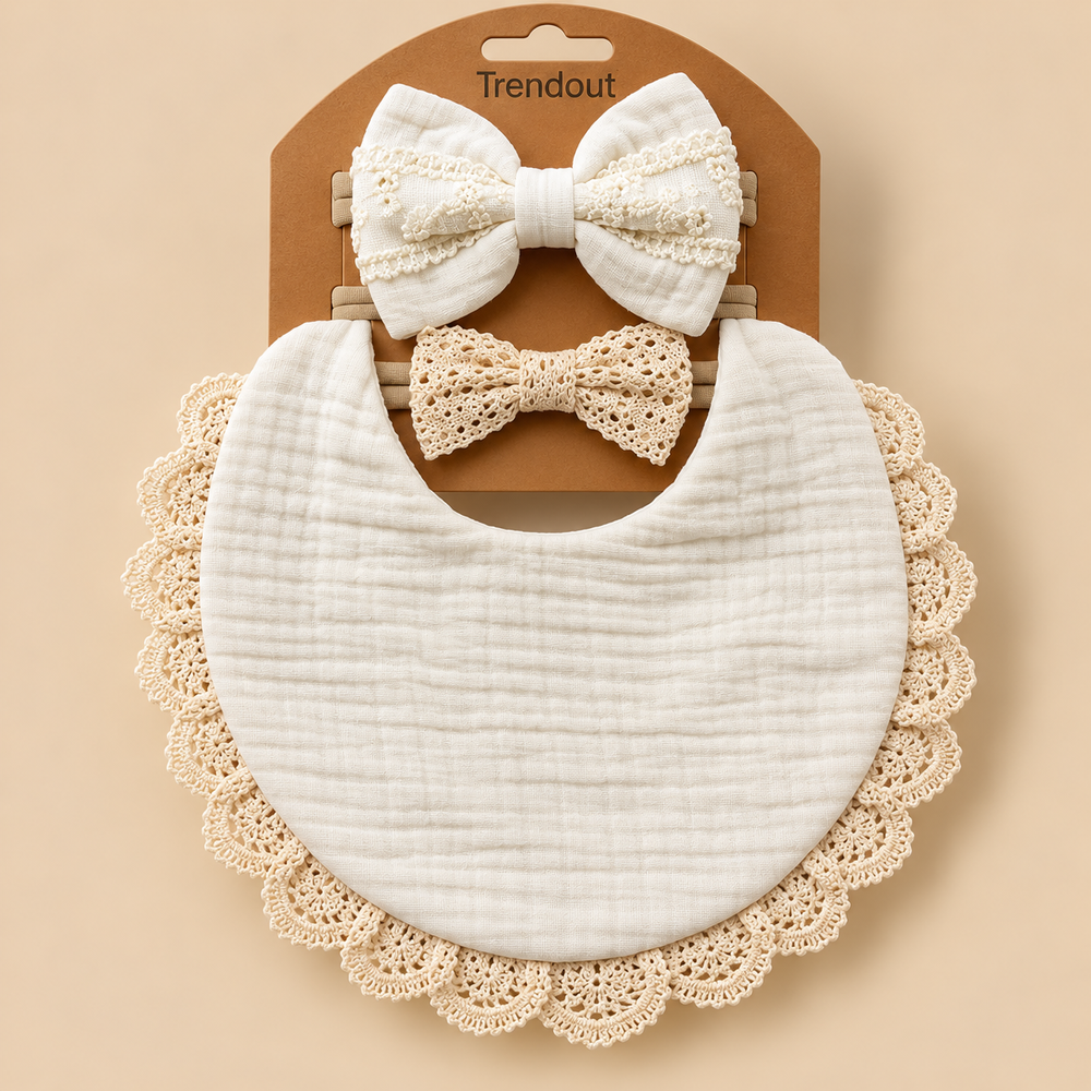 Vintage Lace Muslin Bib & Bow Headband Set – 3 Piece