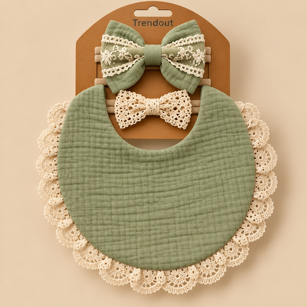Vintage Lace Muslin Bib & Bow Headband Set – 3 Piece