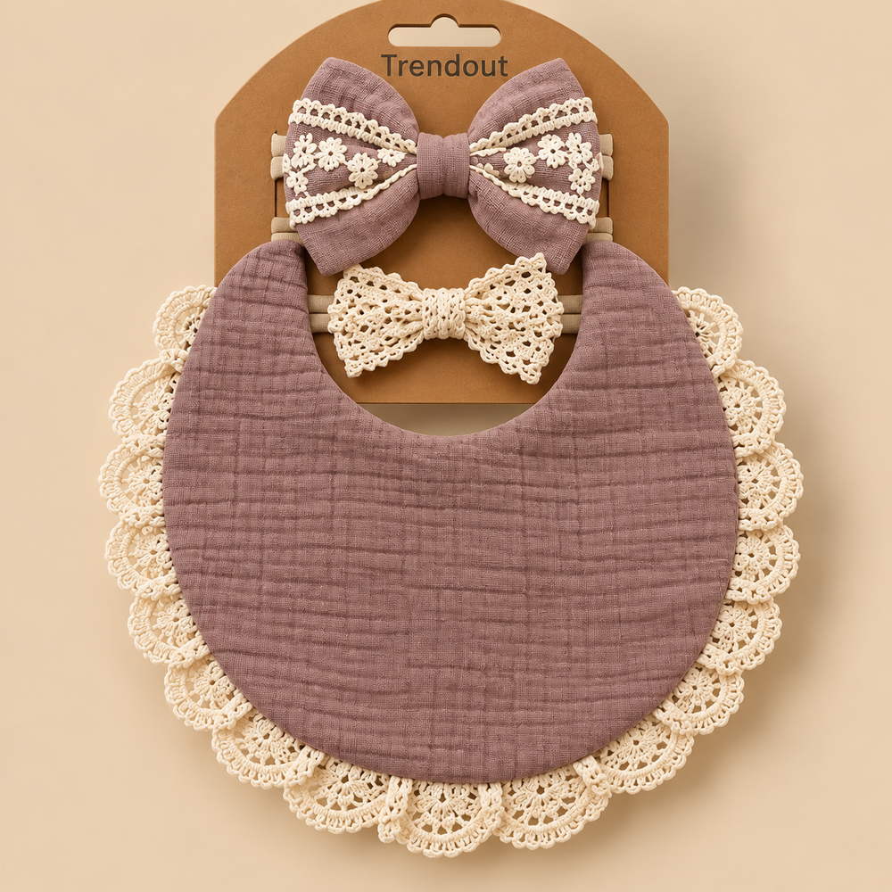 Vintage Lace Muslin Bib & Bow Headband Set – 3 Piece