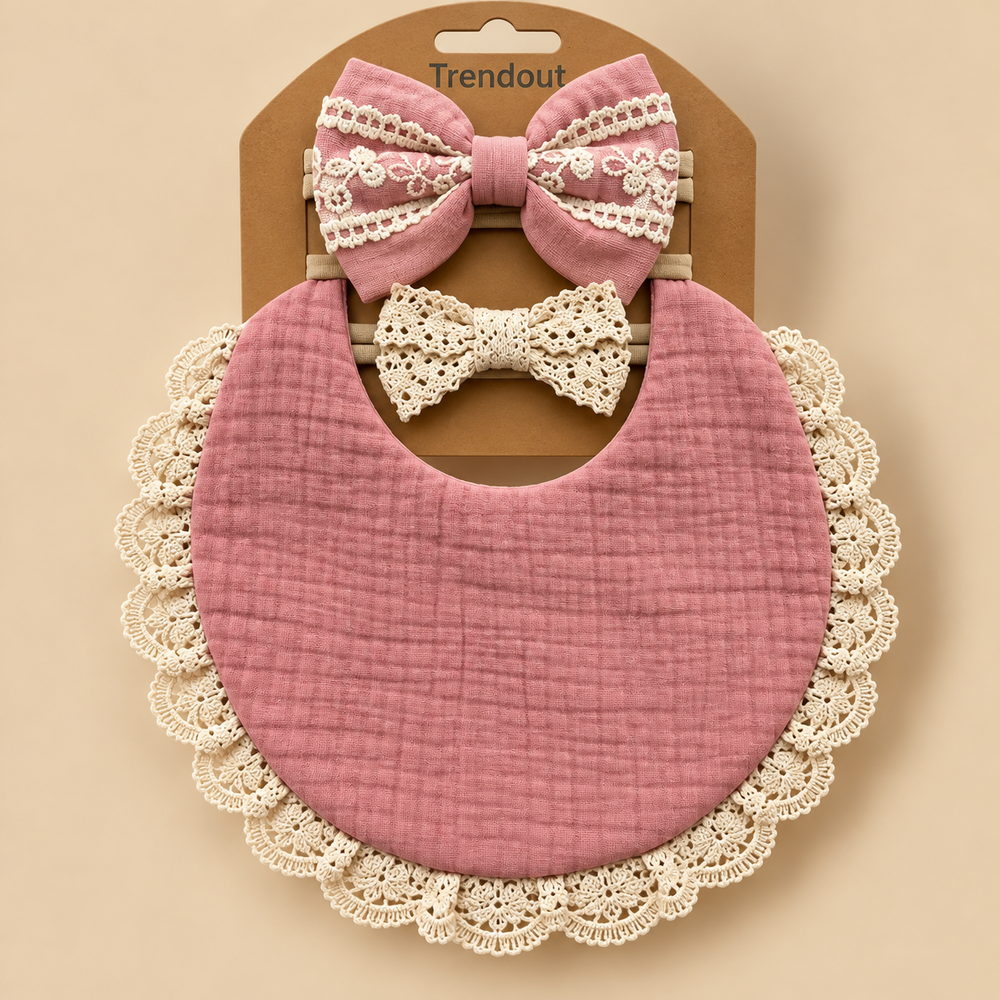 Vintage Lace Muslin Bib & Bow Headband Set – 3 Piece