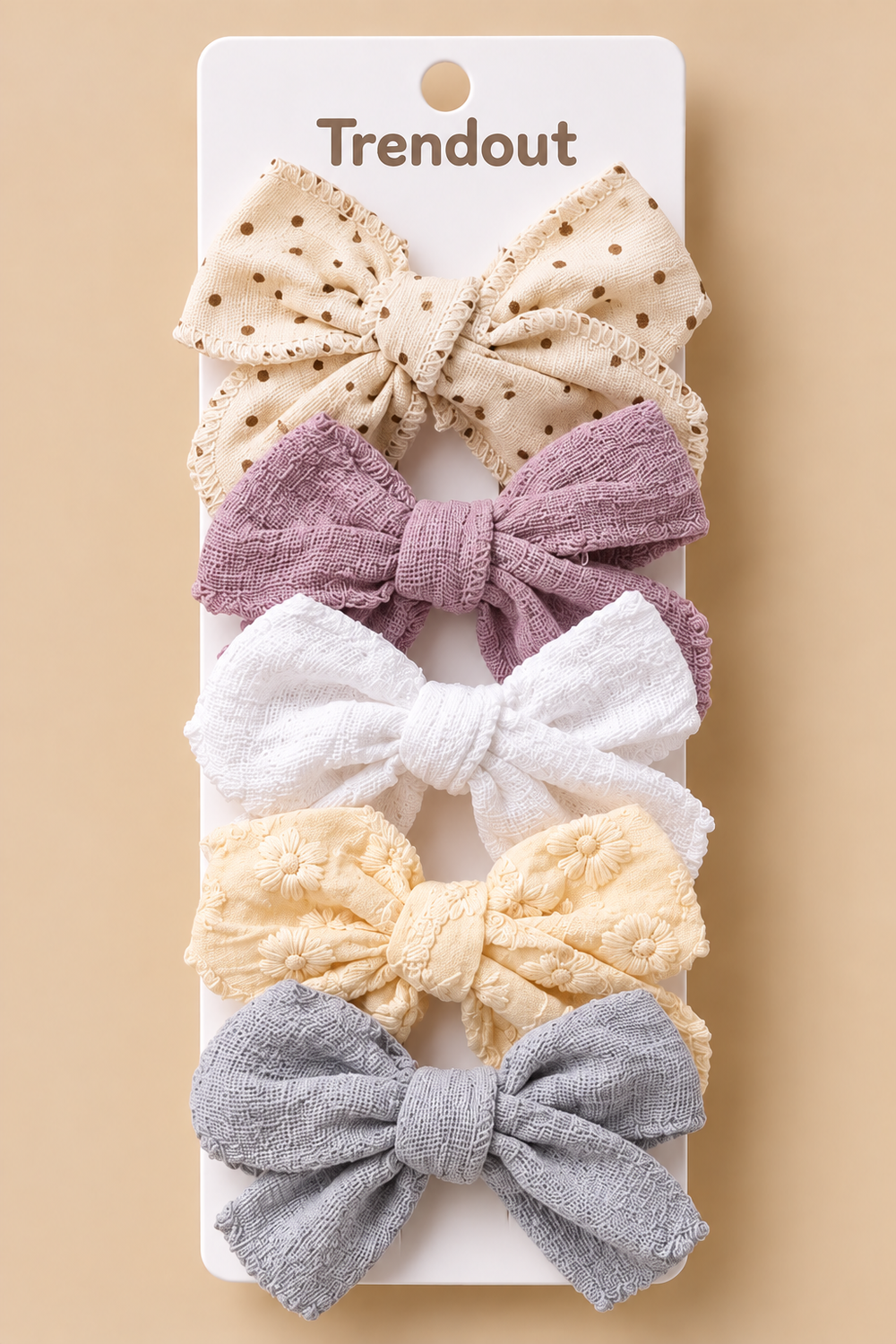 5-Piece Girls Fabric Bow Hair Clip Set – Textured & Printed Designs