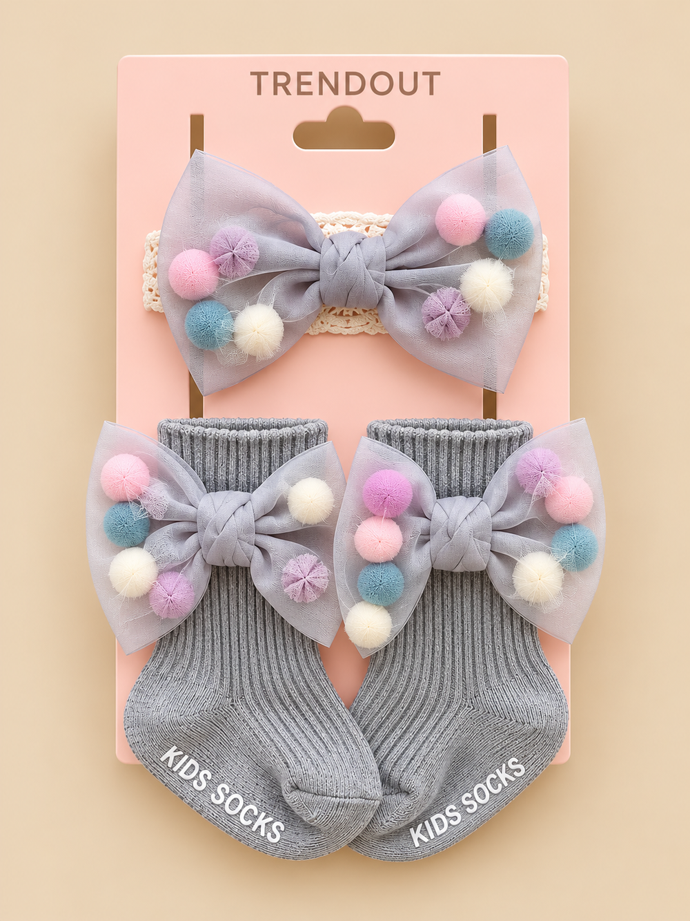 Baby Girls Pom-Pom Bow Headband & Matching Socks Set – 3 Colors