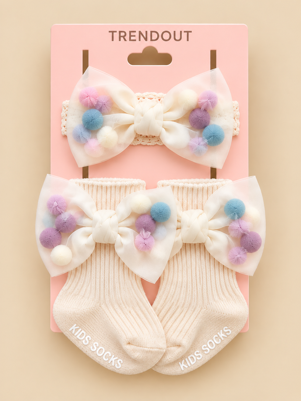 Baby Girls Pom-Pom Bow Headband & Matching Socks Set – 3 Colors