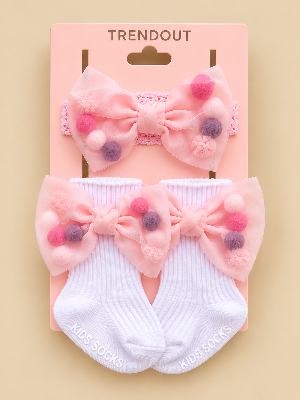 Baby Girls Pom-Pom Bow Headband & Matching Socks Set – 3 Colors