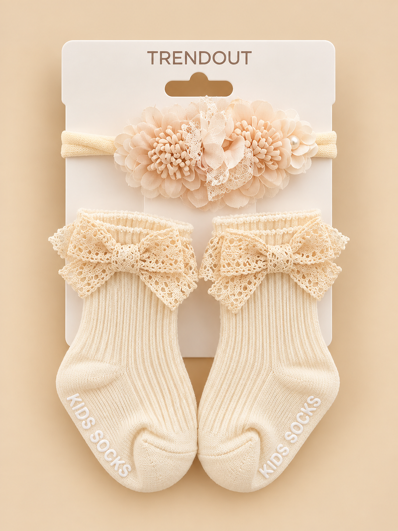 Floral Headband & Lace Bow Socks Set for Baby Girls